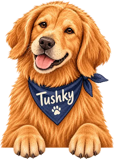 Tushky, the golden retriever portfolio assistant, resting his paws on the page in a navy bandana lettered Tushky